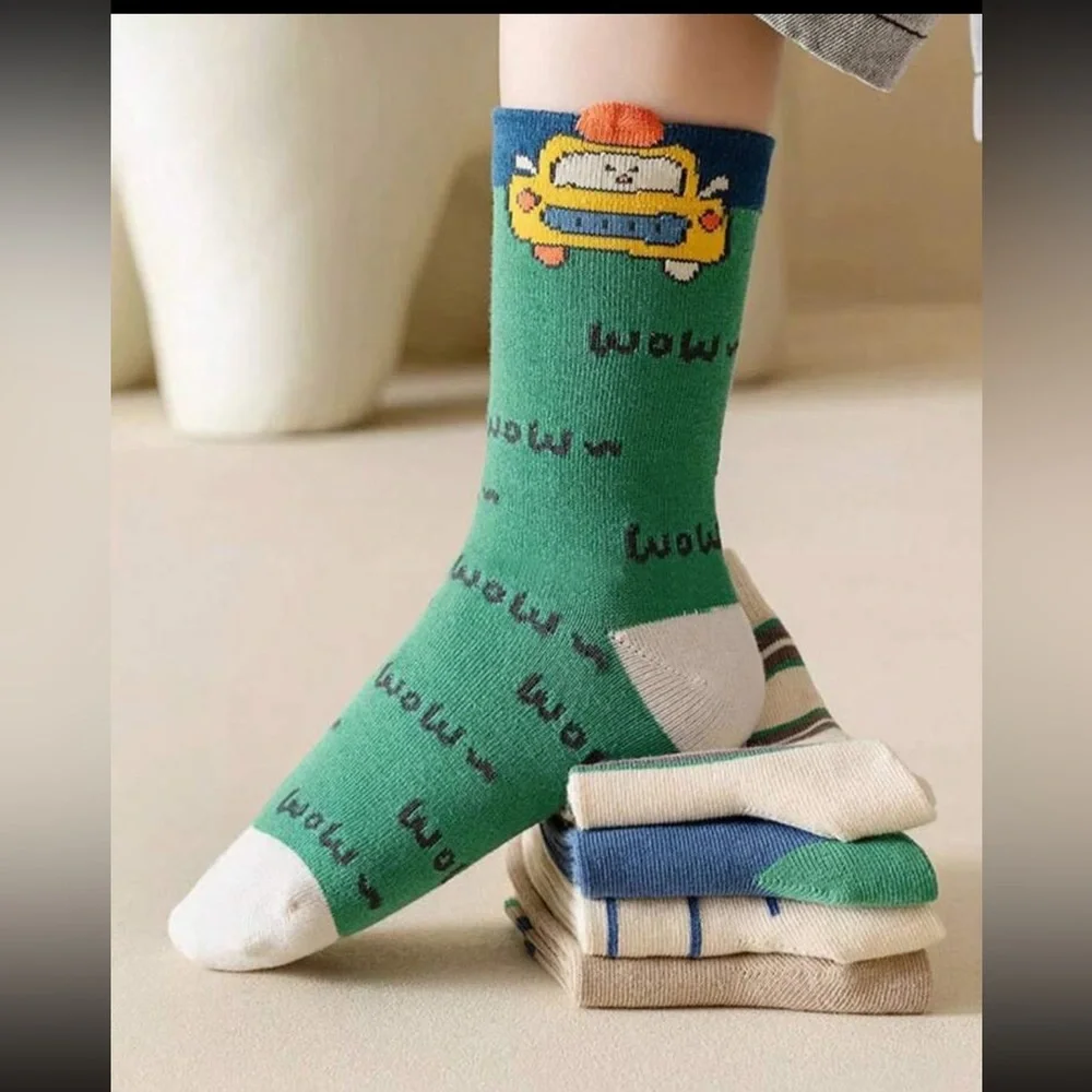 Colorful Cartoon Vehicle Kids Socks - (5 pack)